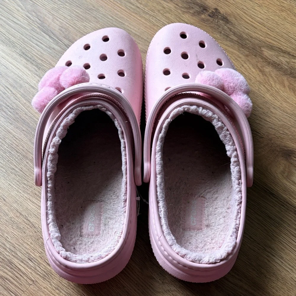 CROCS Light Pink Clogs with Mickey Minnie Mouse Plush Pom Poms